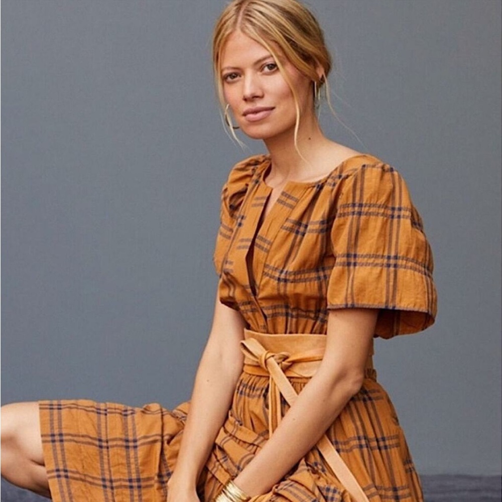 NWT Maeve by Anthropologie Somerset Maxi in Maize Plaid Tiered Cotton Dress M